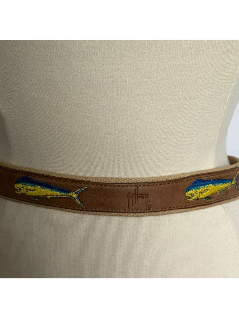 Guy Harvey Brown Leather Canvas Mahi Mahi Fish Belt Mens 32 Preppy Fishing